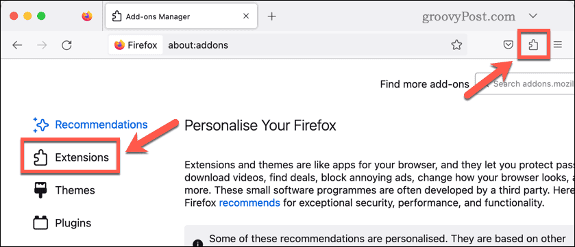 افتح ملحقات Firefox