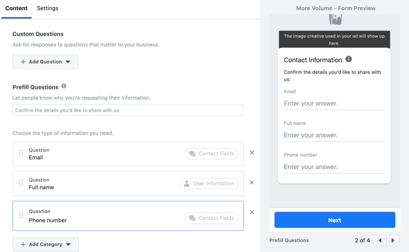 إضافة أسئلة مخصصة إلى نموذج إنشاء قوائم العملاء المحتملين على Facebook