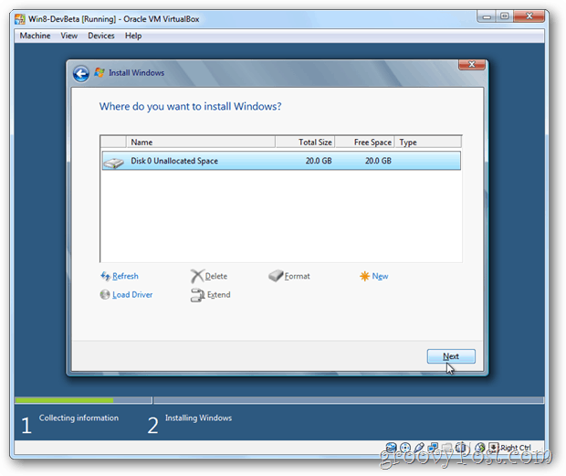 VirtualBox Windows 8 اختر القرص للتثبيت