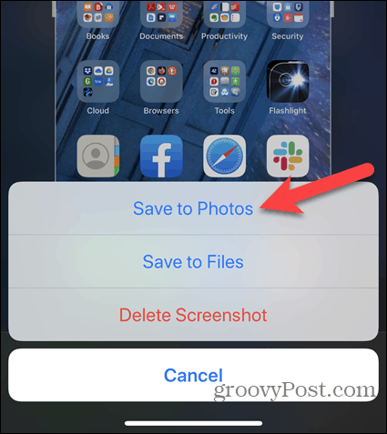 انقر فوق حفظ إلى الصور عند تعديل لقطة شاشة iPhone