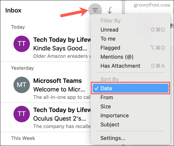 فرز حسب التاريخ في Outlook على أجهزة Mac