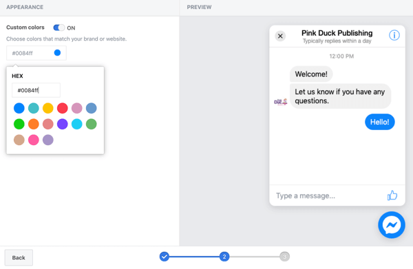 استخدم Google Tag Manager مع Facebook ، الخطوة 11 ، خيارات لتعيين ألوان مخصصة للمكوِّن الإضافي للدردشة على Facebook