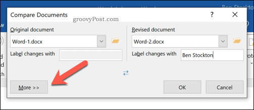 خيارات إضافية لمقارنة مستندات Microsoft Word