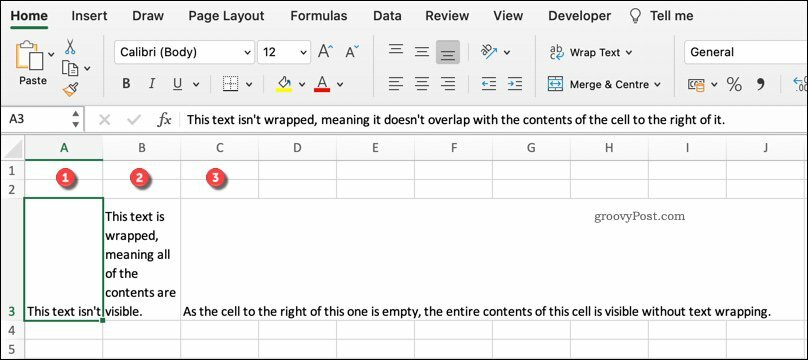 مثال على تنسيقات التفاف النص المختلفة في Excel