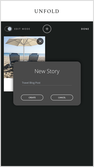 اضغط على أيقونة + لإنشاء قصة جديدة مع كشف.