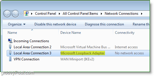 لقطة شاشة لشبكة Windows 7 - محول Microsoft Loopback مرئي في نافذة اتصالات الشبكة