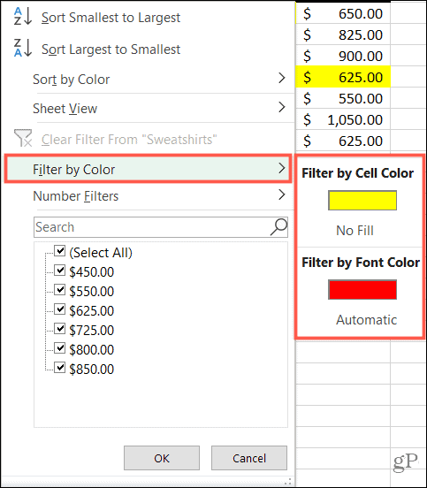تصفية حسب اللون في Excel