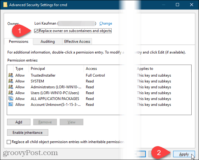 انقر فوق تطبيق في مربع الحوار "إعدادات الأمان المتقدمة" في "تسجيل Windows"