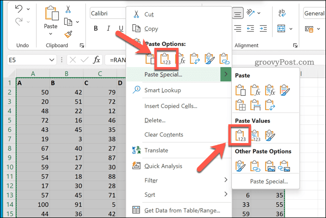 اللصق كقيم في Excel