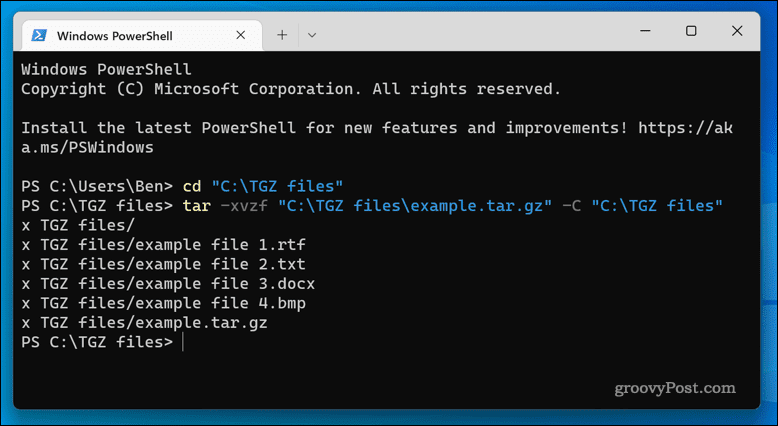 استخراج ملفات TGZ على نظام التشغيل Windows 11 باستخدام تطبيق Terminal