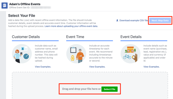 خيار سحب وإسقاط ملف البيانات الخاص بك إلى Facebook Ads Manager.