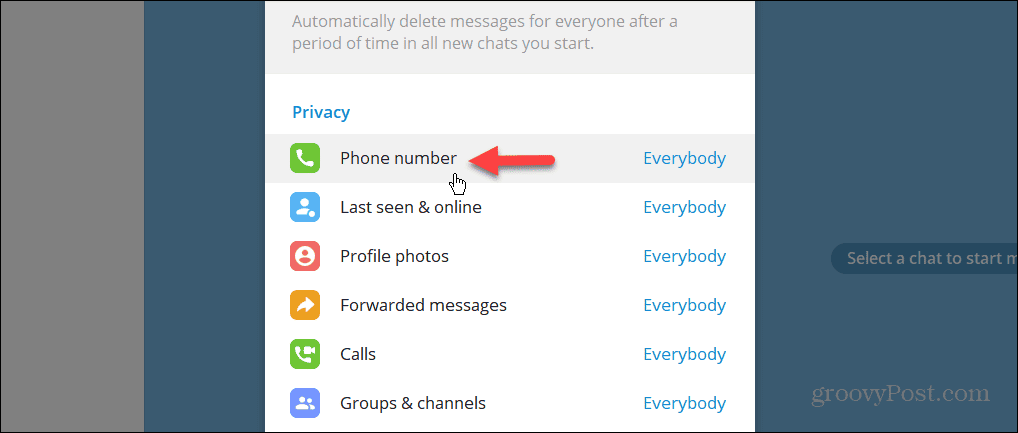 إعداد خصوصية رقم الهاتف في تطبيق Telegram لسطح المكتب