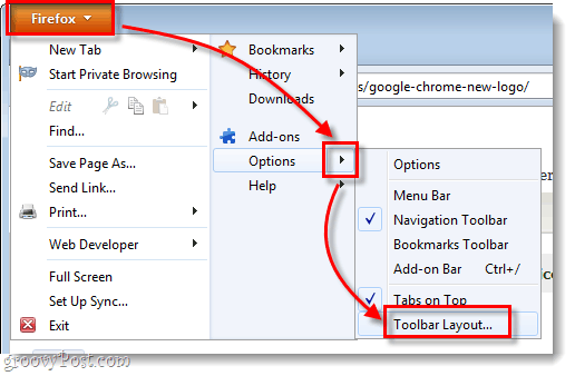 خيارات قائمة فايرفوكس> تخطيط شريط الأدوات