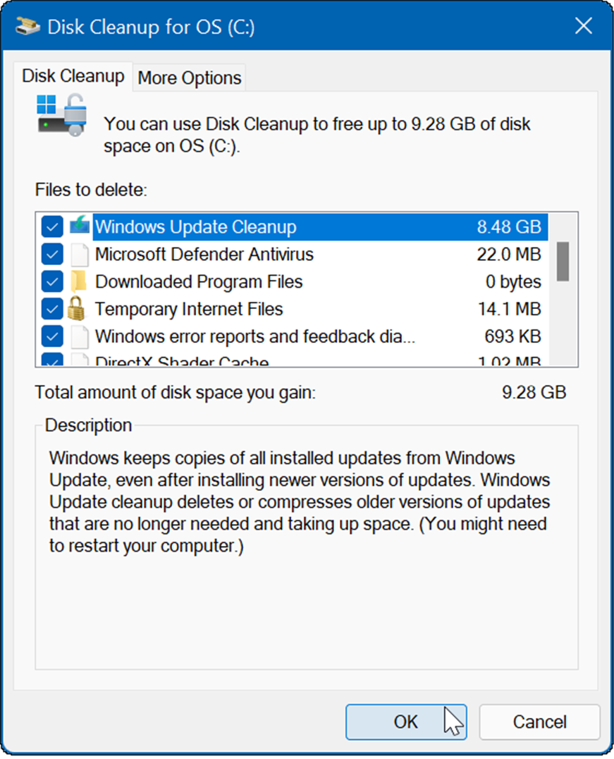 ستكون النتيجة عدة ملفات temp بما في ذلك Windows Update Cleanup