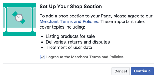 وافق على شروط وسياسات التاجر لإعداد قسم Facebook Shop الخاص بك.