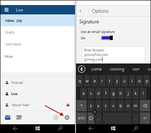 Windows 10 Mobile: تغيير توقيع بريد Outlook