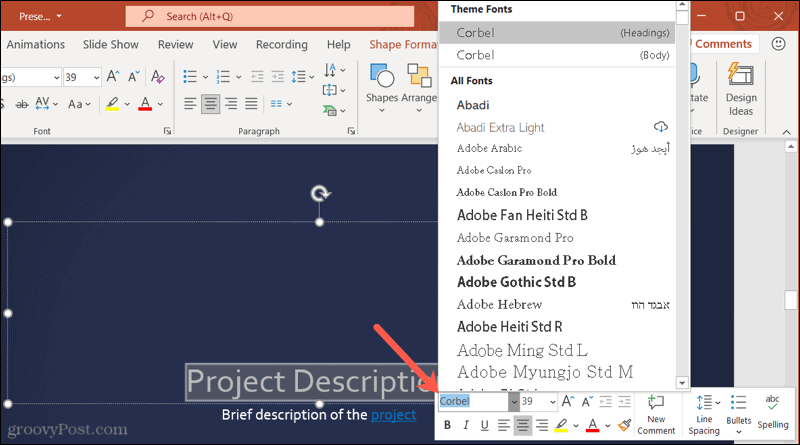 الخطوط في شريط الأدوات في PowerPoint على Windows