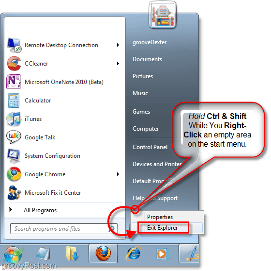 اضغط مع الاستمرار على المفاتيح وانقر بزر الماوس الأيمن على قائمة ابدأ للخروج من المستكشف في Windows 7