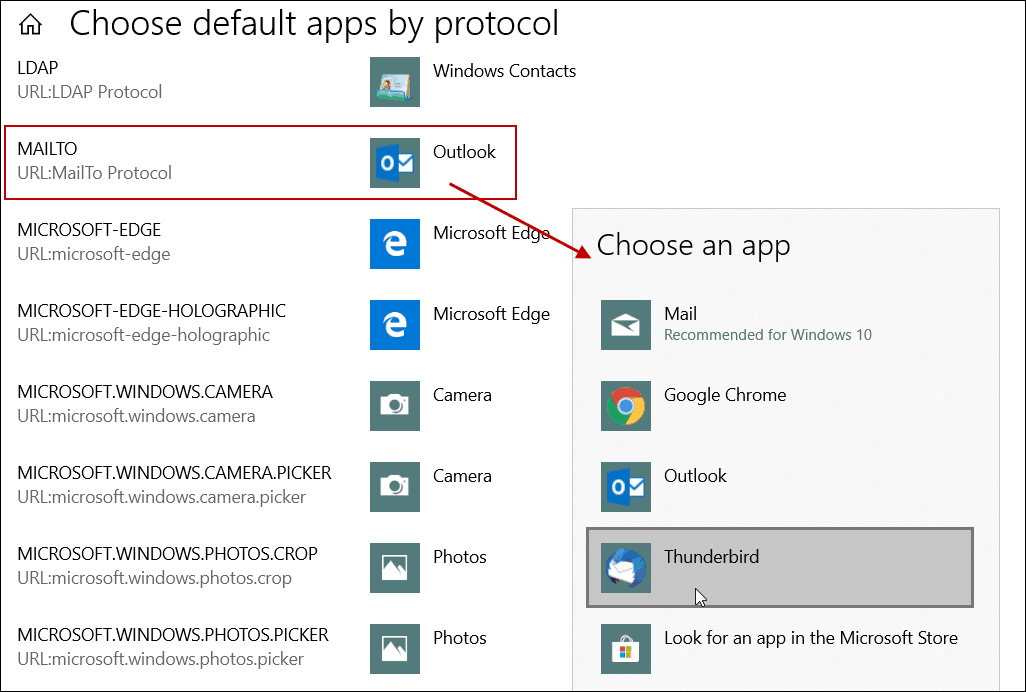تعيين تطبيق البريد الإلكتروني الافتراضي بواسطة بروتوكول Windows 10