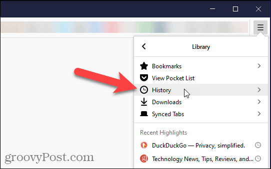 حدد History في Firefox
