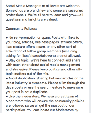 إليك مثال على قواعد مجموعة Facebook.