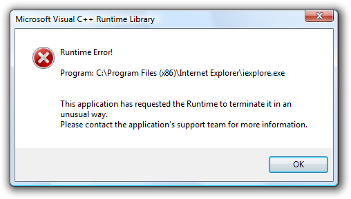 Internet Explorer 8 (IE8) مكتبة وقت تشغيل Microsoft Visual C ++: خطأ وقت التشغيل!
