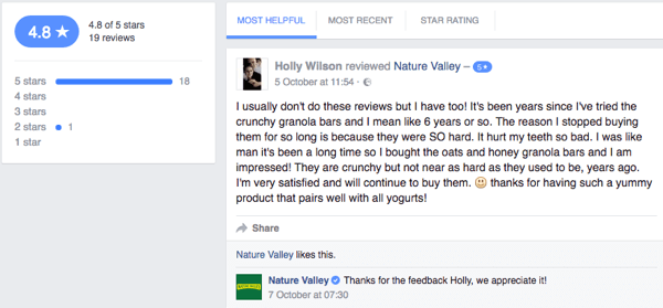 يترك أحد عملاء Nature Valley تعليقًا للعميل على صفحة الشركة على Facebook.