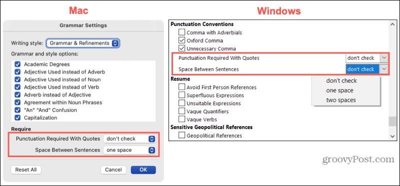 إعدادات علامات الترقيم في نظامي Mac و Windows