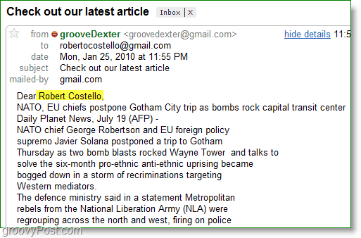 لقطة شاشة لبرنامج Outlook 2010 - مثال على البريد الإلكتروني الجماعي المخصص