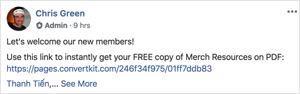 يرحب منشور مجموعة Facebook هذا بالأعضاء الجدد ويذكرهم بتنزيل ملف PDF مجاني.