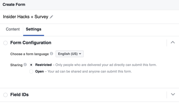 يمكنك تحديد لغة لنموذج العميل المحتمل على Facebook.
