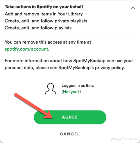 الموافقة على وصول SpotMyBackup إلى Spotify