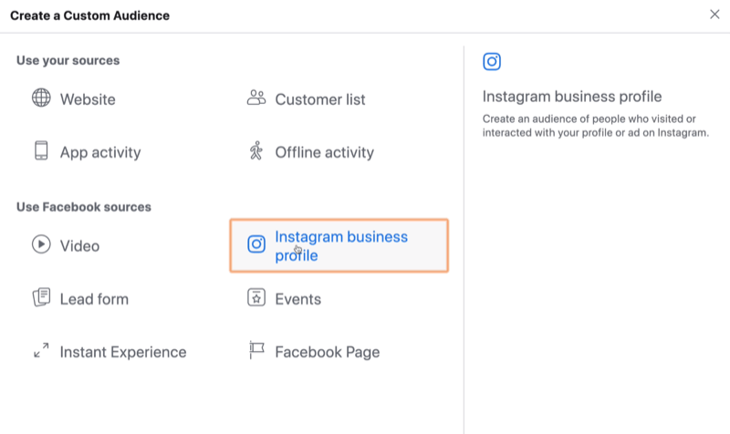 حدد Instagram Business كمصدر لجمهور Facebook المخصص