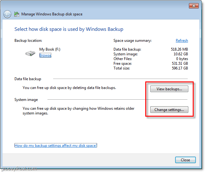 Windows 7 Backup - عرض النسخ الاحتياطي أو تغيير الإعدادات لضبط الحجم