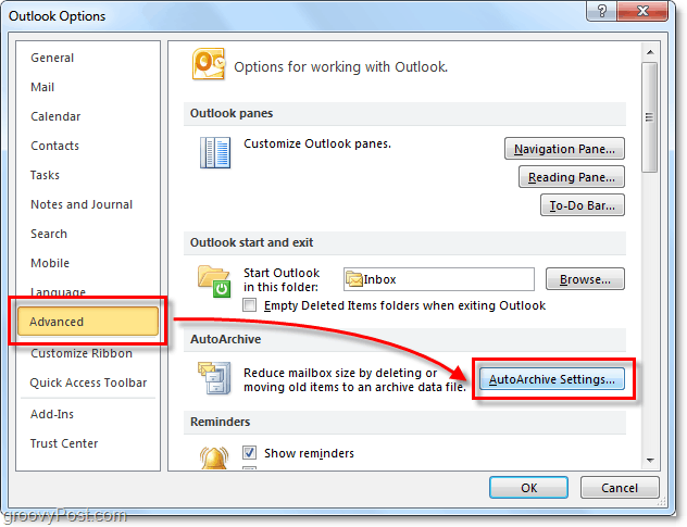 خيارات متقدمة> إعدادات الأرشفة التلقائية في Outlook 2010
