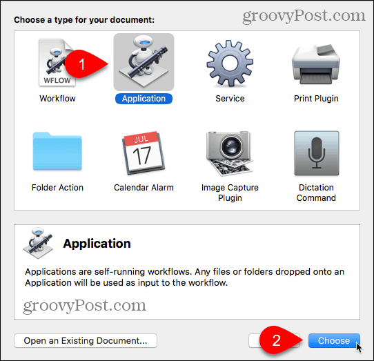 اختر نوع التطبيق في Automator for Mac
