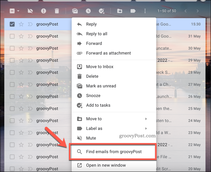 Gmail البحث عن رسائل البريد الإلكتروني من الخيارات
