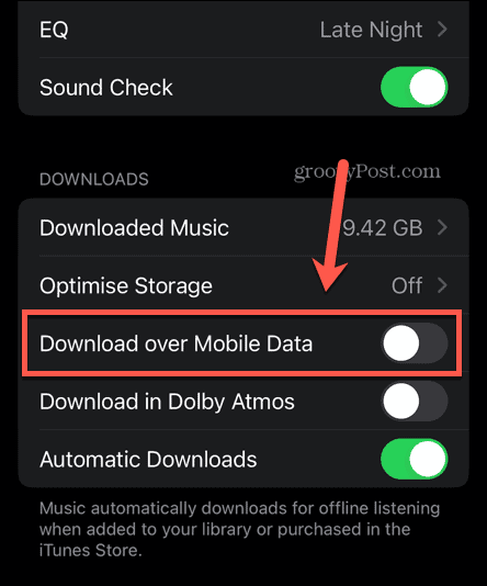 إيقاف تشغيل بيانات الهاتف المحمول من Apple Music