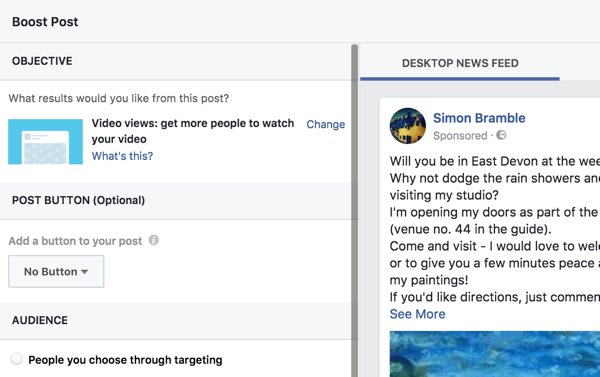 يجعل Facebook من السهل إعداد منشور معزز من خلال إرشادك عبر الخيارات.