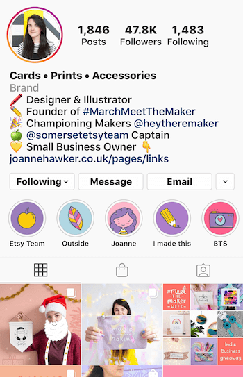 مثال على السيرة الذاتية لحساب الأعمال في Instagram مع الرموز التعبيرية