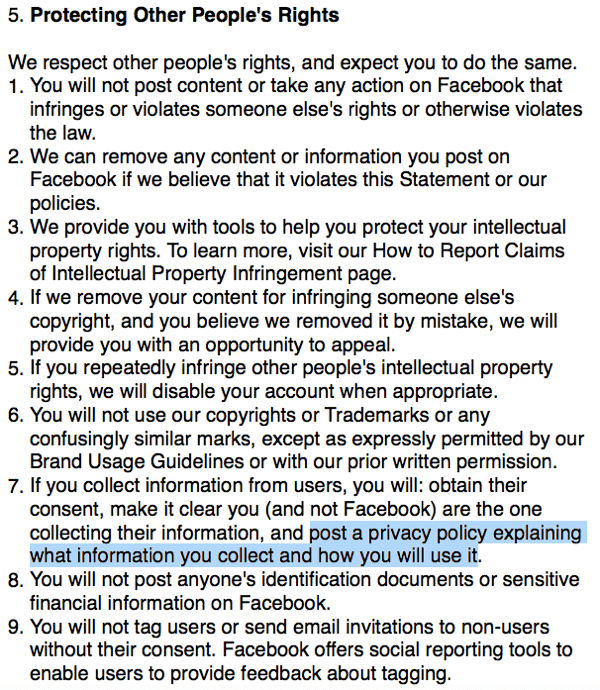 شروط Facebook التي تحدد متطلبات سياسة الخصوصية.