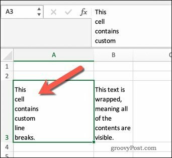 التفاف النص في Excel باستخدام فواصل الأسطر.