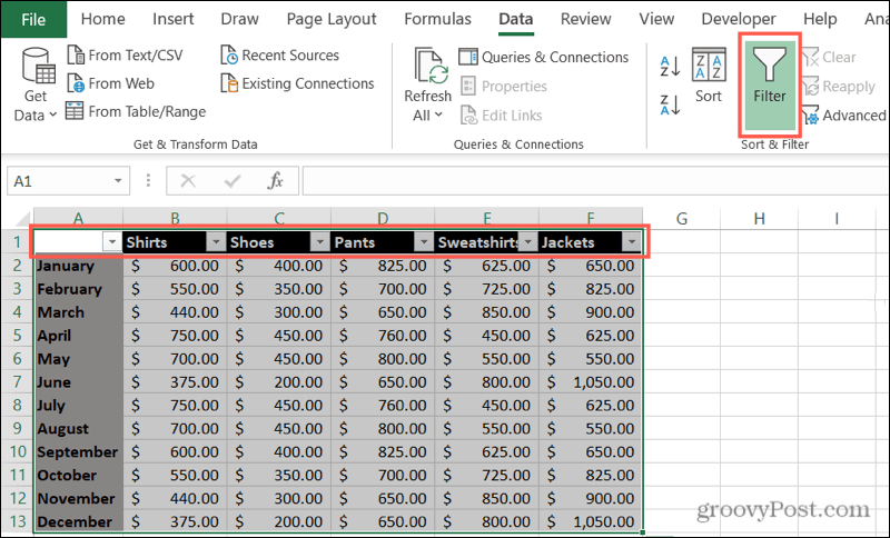 تمكين عوامل التصفية في Excel