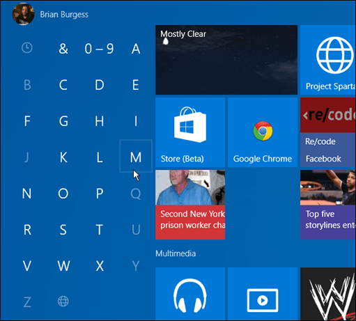 التطبيقات بالحرف الأول Windows 10 Start