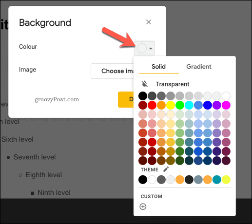 إضافة لون الخلفية إلى شريحة رئيسية في العروض التقديمية من Google