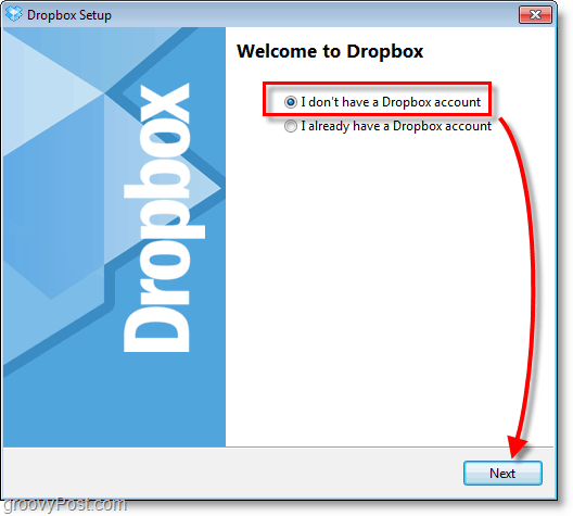لقطة شاشة Dropbox - اختر إنشاء حساب جديد
