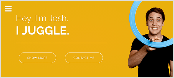 يحتوي موقع Josh Horton على الويب لألعاب الخفة على خلفية صفراء ، وصورة لـ Josh وهو يبتسم ويدور حول حلقة شعوذة باللون الأزرق الفاتح حول إصبع السبابة ، ونص أبيض يقول Hey I'm Josh. أنا أمزح.