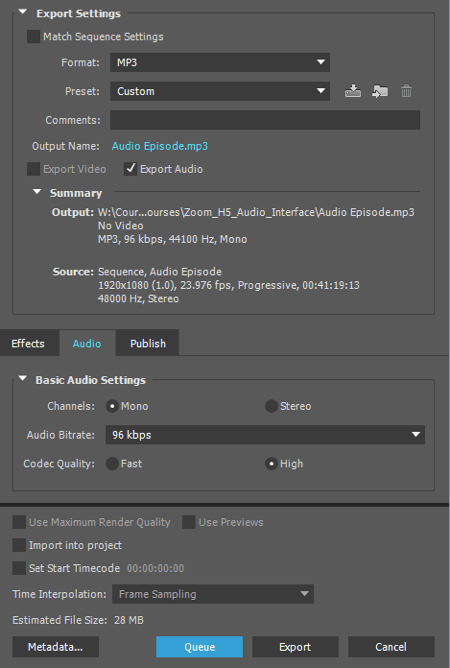 قم بتصدير الصوت كملف MP3 في Adobe Premiere.