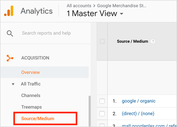 افتح Google Analytics وانتقل إلى الاكتساب> كل حركة المرور> المصدر / الوسيط.