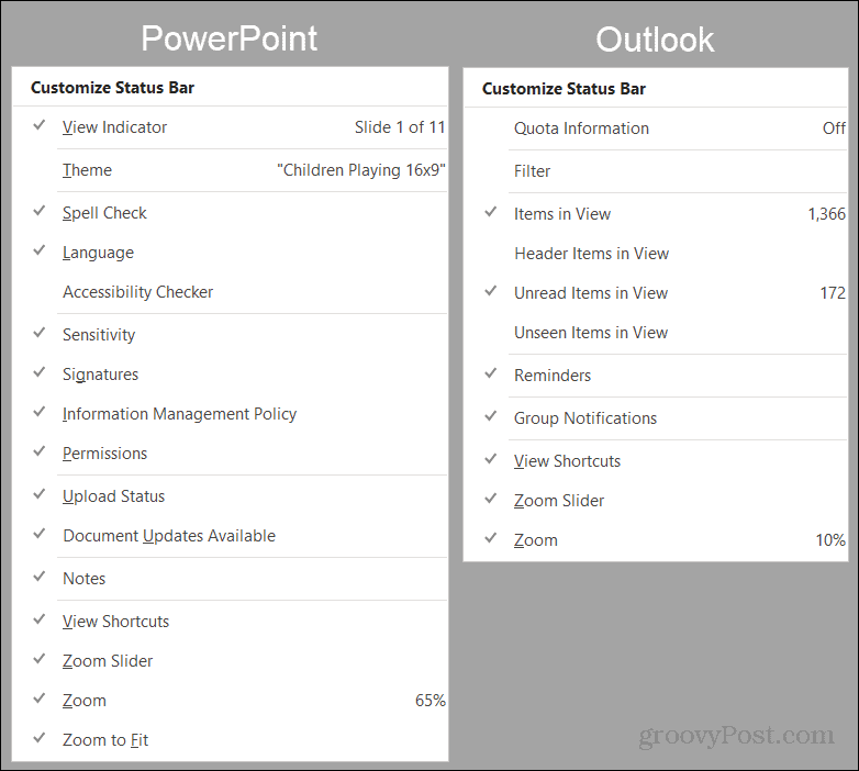 خيارات شريط حالة PowerPoint و Outlook